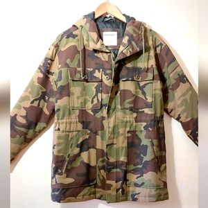 Camouflage Print Coat with Hood and Drawstring Waist